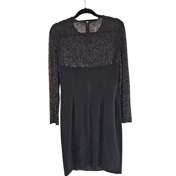 Vintage Black Tie Oleg Cassini Intricately Beaded Long Sleeve Evening Dress 12 - Picture 2 of 11